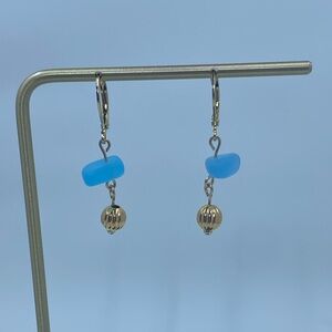 Elegant Blue and Gold Sea Glass Dangle Earrings